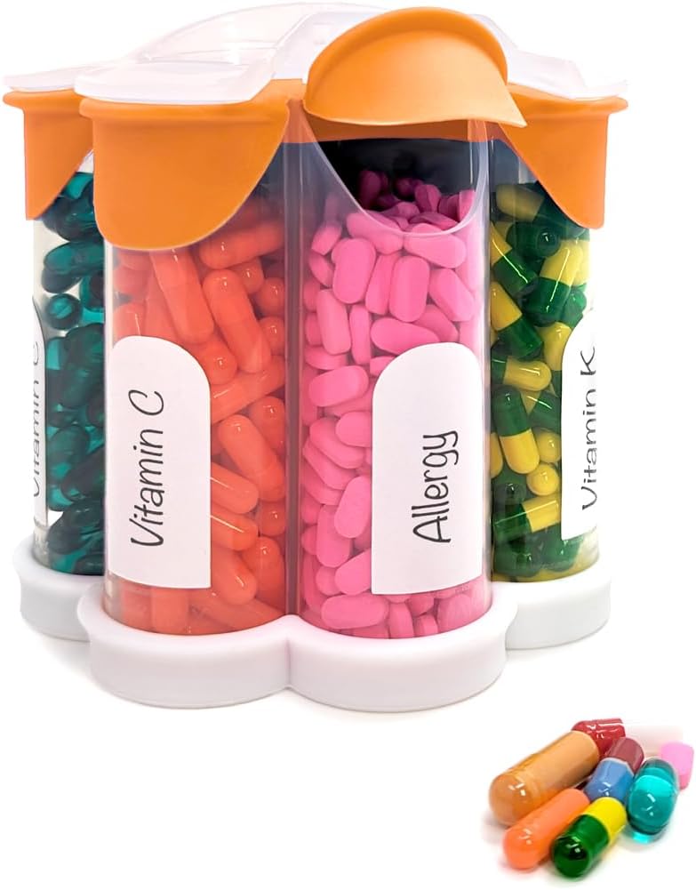 Extra Large Pill Organizer Daily, Weekly, Monthly Supplement Bottle, Cute Blossom Pill Dispenser with 7 XL Compartments, Easy-Open Pill Box for Vitamins, Medications, Labels Included (Orange)