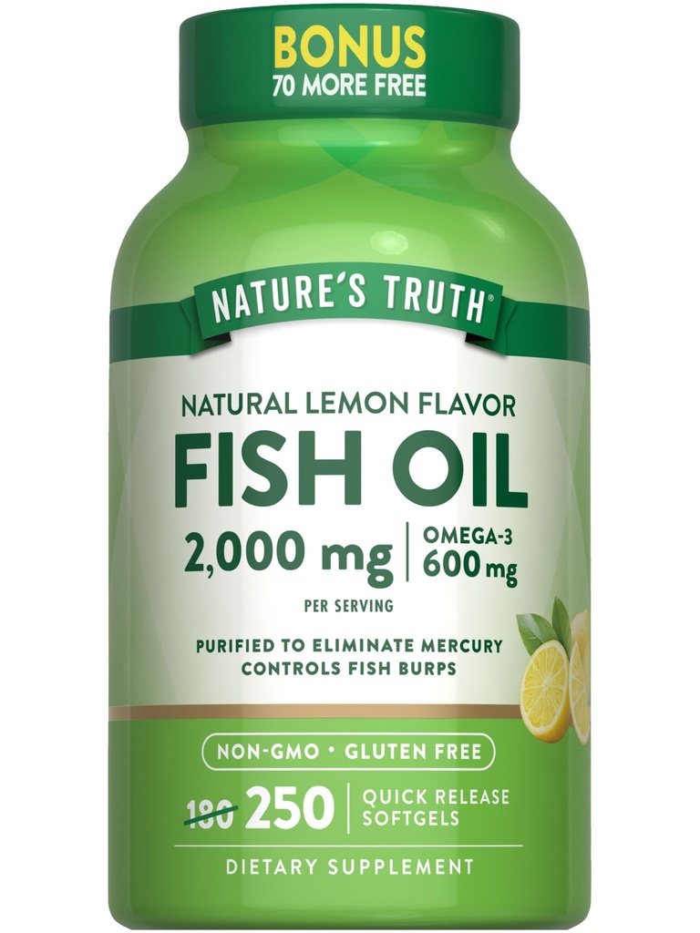 Nature's Truth Fish Oil 2000 mg | 600 mg Omega 3 | 250 Softgels | Natural Lemon Flavor | Non-GMO and Gluten Free Supplement