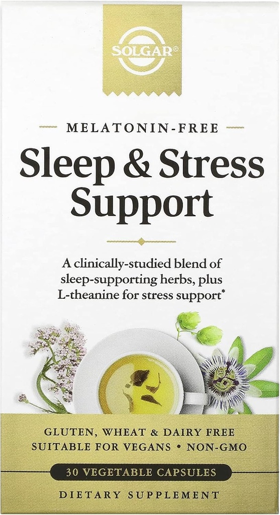 Solgar Sleep &amp; Stress Support, Vegetable Capsules, Melatonin Free, Helps Relax, Calm You, Fall Asleep Rápido, Mejora la calidad del sueño con Valerian, Passionflower, Hops, Non-GMO, 15 Servings, 30 Con