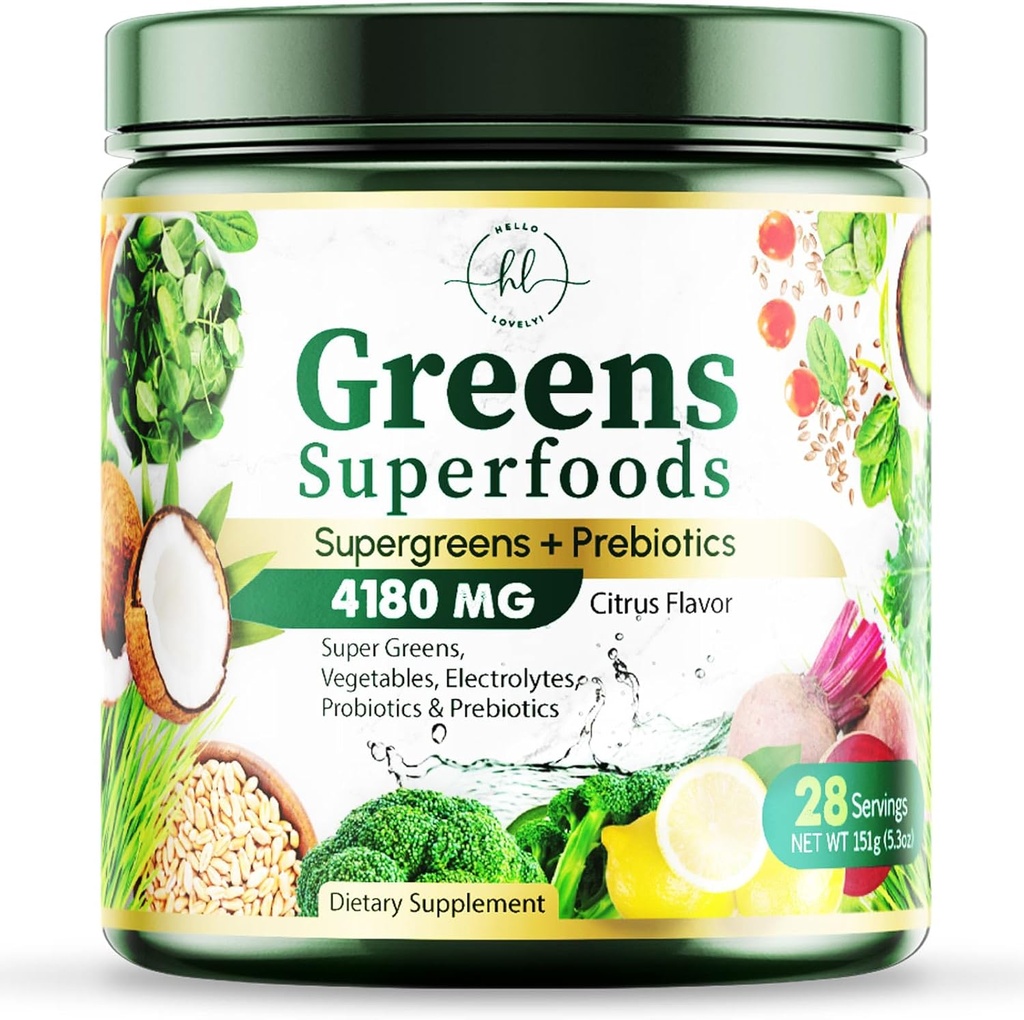 Greens Powder Superfood - Premium Organic Super Greens Juice Powder - Empaquetado con Probióticos, Wheat Grass, Enzymes, Spirulina, Clorella para Salud Digestiva " Gut, Smoothie Drink Mix - 28 Servings