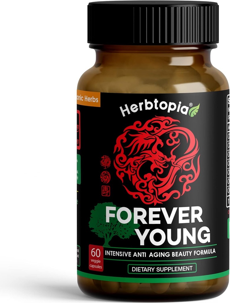 Forever Young Longevity Supplement for Immunity, Anti Gray Hair, Telomere Longitudening & Happy Mood w/Ginseng, Astragalus, Lions Mane, Reishi Mushroom, Codonopsis  durable Organic - 60 Caps