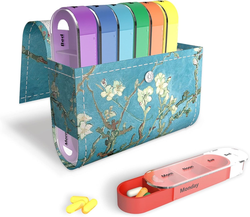 Pill Organizer,LIZIMANDU Caja semanal de la pila de la caja del medicamento Recordatorio diario AM PM, Noche del día 7 Compartimientos, para 4 veces al día, 7 días a semana-Incluye el caso de carga de la PU(Peach Blossom)