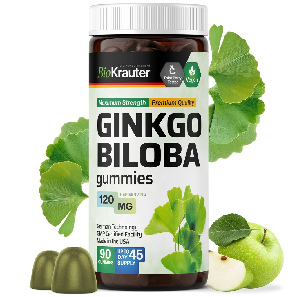 BIO KRAUTER Ginkgo Biloba Gummies - 90 Chews veganos - Ginkgo Biloba Suplementos para soporte cerebral - 120 mg Standardized Extract - Pectin-Based Formula