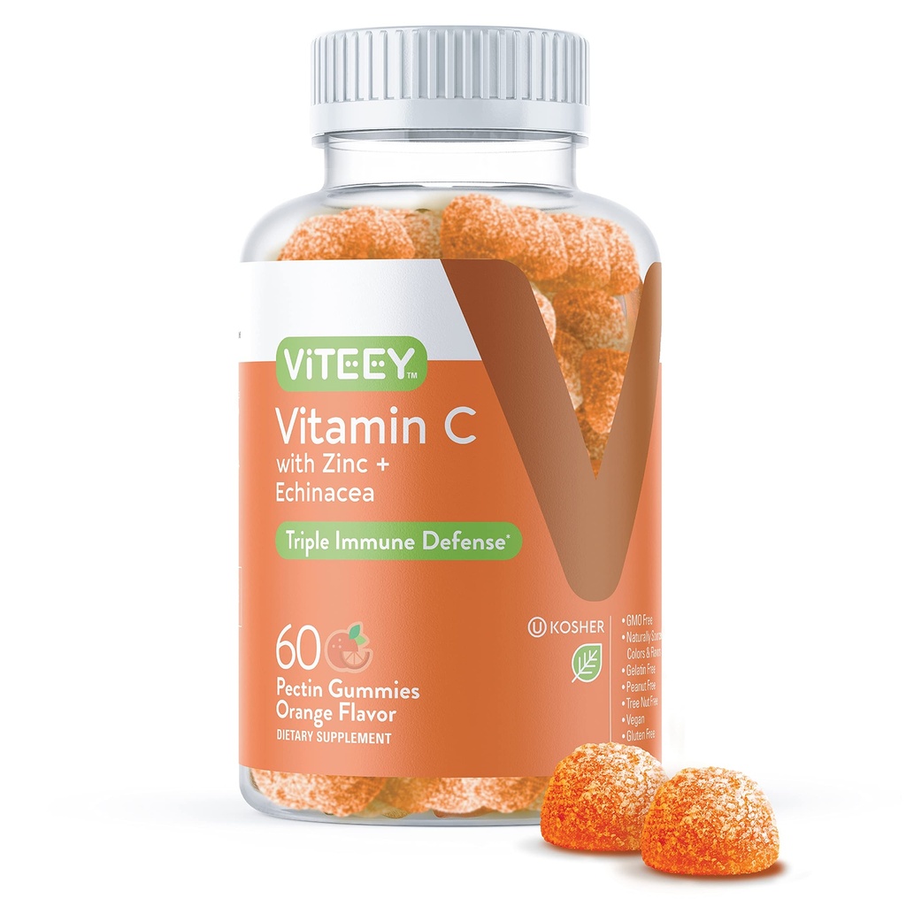 Viteey Vitamin C Gummies for Adults & Teens with Zinc & Echinacea - Immune Support Gummies - Vegan, Gelatin Free, Gluten Free, GMO Free - Tasty Vitamin C Chewable Orange Flavored Gummy