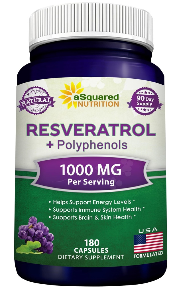 aSquared Nutrition Natural Resveratrol with Red Wine Extract - 180 Capsules - Trans Resveratrol Antioxidant Supplement Pills for Pure Heart Health - Extra Strength Trans-Resveratrol