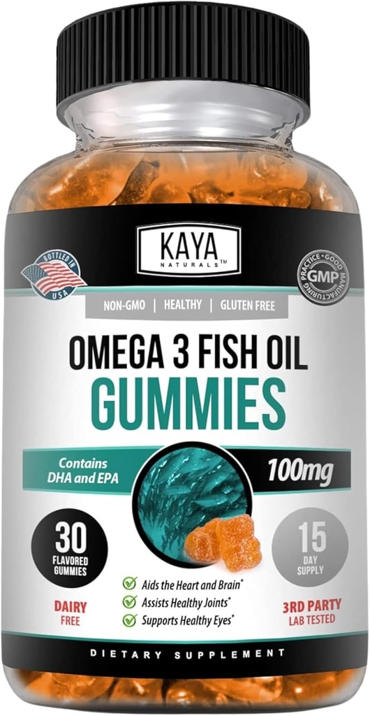 Kaya Naturals Omega 3 Fish Oil Gummies -Fish Oil Supplement with EPA & DHA Fatty Acids - Helps Support Brain, Eye, Heart Health & Immune Support - Non-GMO - 30 Count