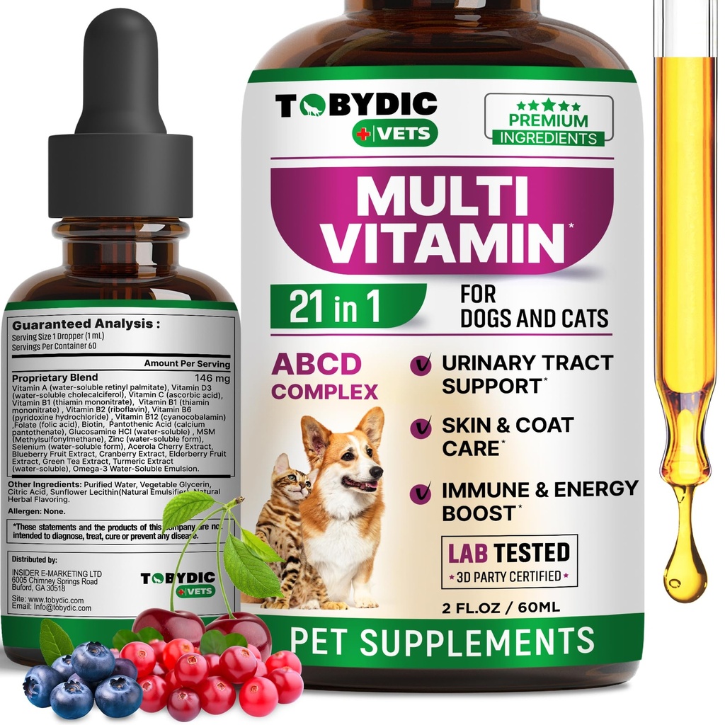 Cat &amp; Dog Multivitamin 21 en 1 Pet Suplementos con Cranberry &amp; Glucosamine - Medicina Natural &amp; Soporte para UTI, Urinary Tract, Vejiga, Kidney, Skin Coat, Joints Treatment Made in USA