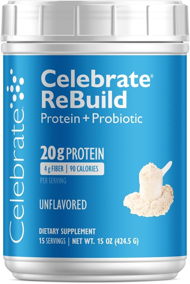 Celebrate Vitamins Rebuild Protein Powder with Probiotics & Prebiotics - 20g Whey Isolate Protein, High Fiber, for Post Bariatric Surgery Patients - Unflavored (15 Servings)