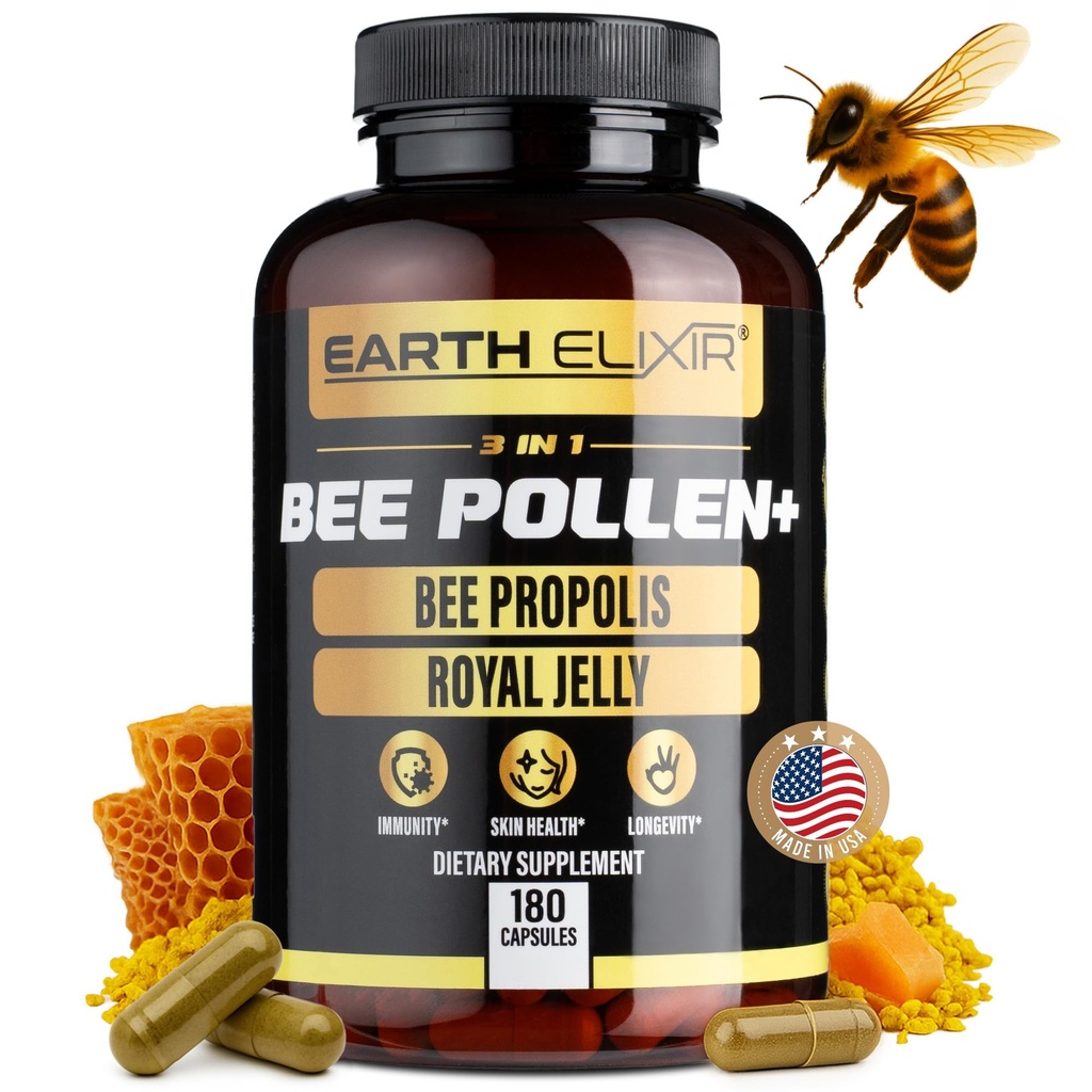 Earth Elixir 3-in-1 Organic Bee Pollen Capsule – Non-GMO, Pure Raw Bee Pollen, Royal Jelly, Propolis Extract for Women &amp; Men – Natural Energy, Immune & Vitality Support – 180 Propolis Capsules