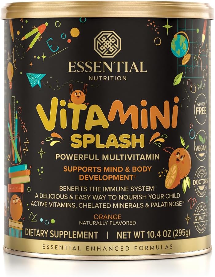 Essential Nutrition Vitamini Splash - Kids multivitamin Powder - Nutritional Support - 13 Active Vitamins & 6 Chelated Minerals, Prebiotic Fiber - Orange Flavor - (10.4 oz) - Vegan