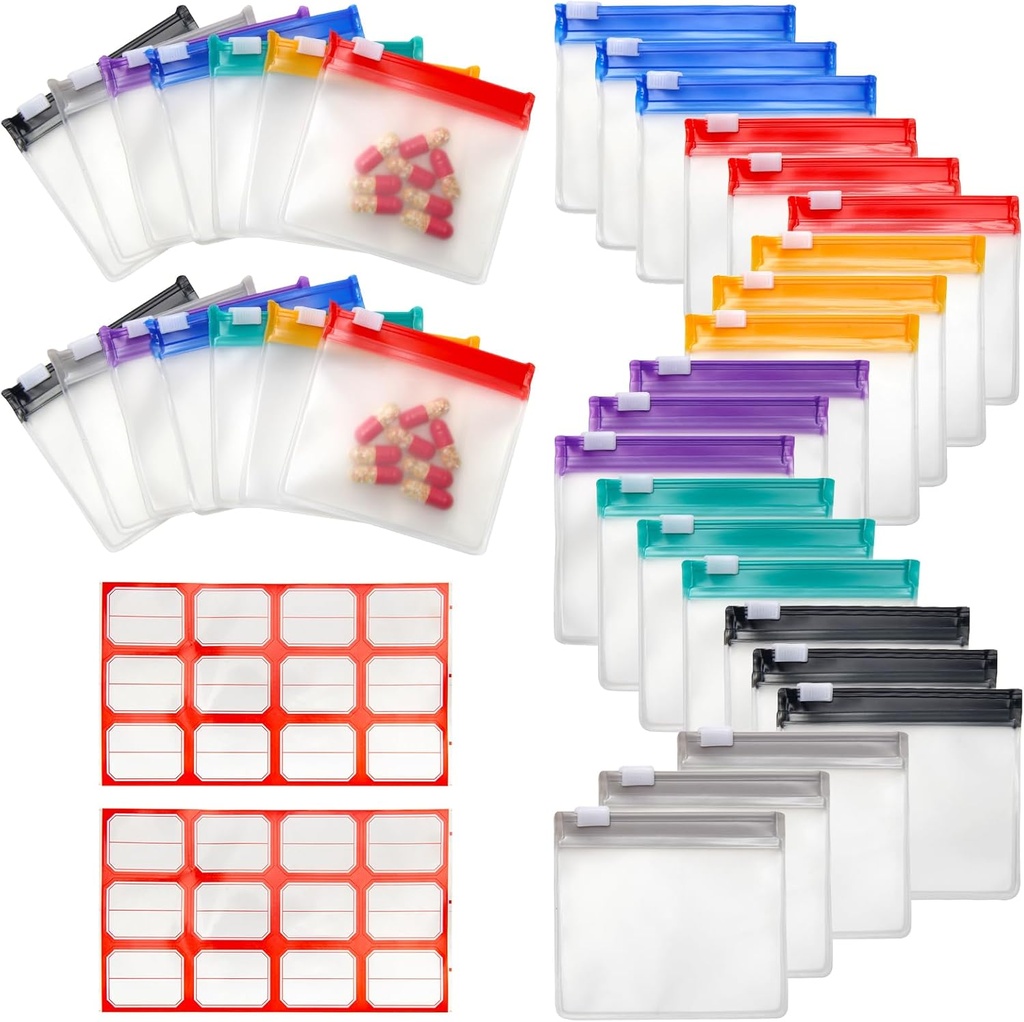 35+2 Pcs Pill Pouch Bags Zippered Pill Pouch Set con 2 hojas Label, 7 colores Pill Pouches for Medicine Travel Reusable Pequeñas bolsas de plástico para viajes / hogar Uso diario