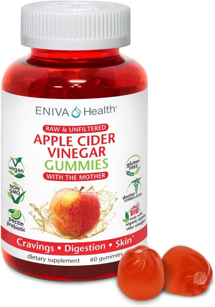 Eniva Health Apple sider Vinegar Gourmet Gummy Vitaminas 60 Ct USDA Organic ACV Vegan Gluten Free Non-GMO with The Mother B9 B12 Beetroot Pomegranate Energy Curb Cravings Detox Cleanse Immunity