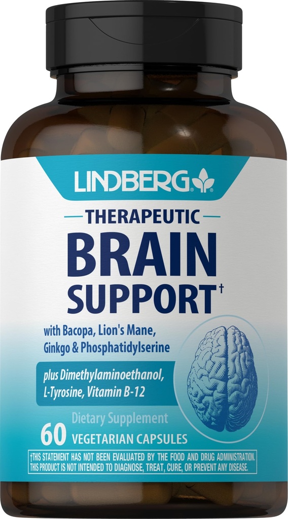 Lindberg Brain Support Suplemento para Mujeres y Hombres Vida 60 Capsules ← Complejo Pills  with Phosphatidylserine, Lion's Mane, Vitamin B12 ← Vegetarian, Non-GMO, Gluten Free