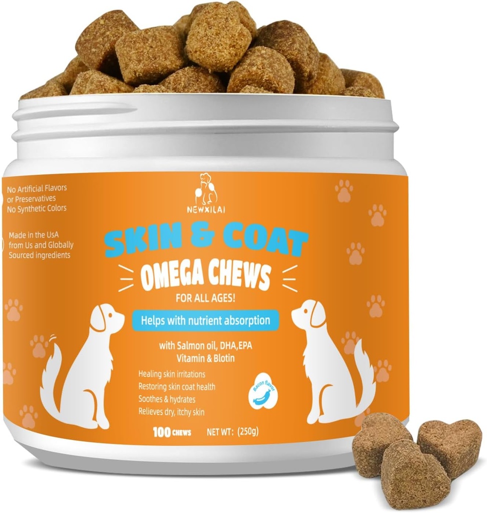 Skin and Coat Chews for Dogs - Itchy Skins Dog Supplement Support Hot Spots Comfort and Shedding Allergy Joint Health with Omega 3 Fish Oil, EPA & DHA Fatty Acids, Bacon Flavor 100 Count Softs Treats