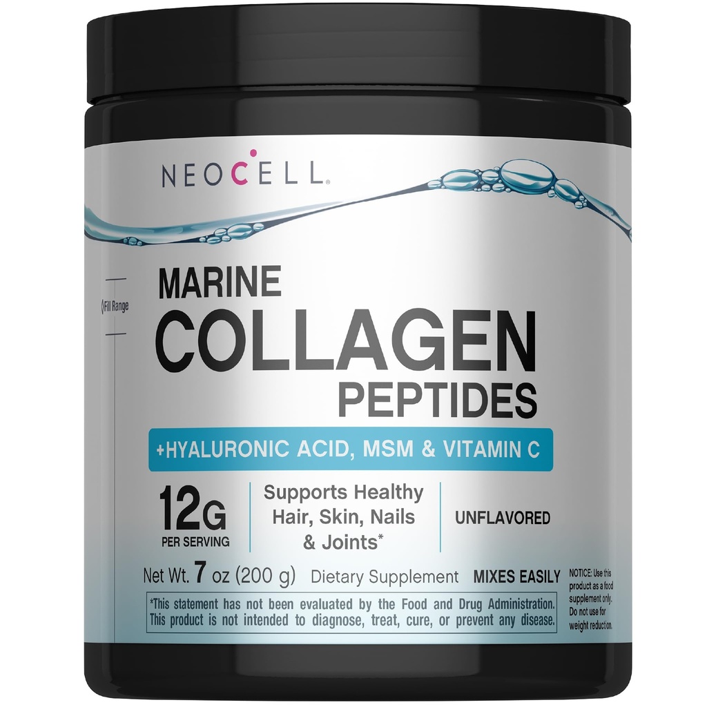NeoCell Marine Collagen Peptides Powder TEN 7 oz TENIDO Suplemento desenfrenado TENIDO CON Vitamina C y MSM TENIDO Plus Hyaluronic Acid ANTE Prebiótico Fiber Beauty Blend TEN Hair, Skin, " Nails TENIDO para Mujeres y Hombres