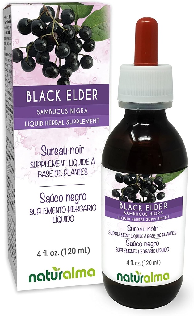 Naturalma Black Elder (Sambucus nigra) Flower (Elderflower) and Fruit (Elderberry) Alcohol-Free Tincture - 4 fl oz Liquid Extract in Drops - Herbal Supplement - Vegan