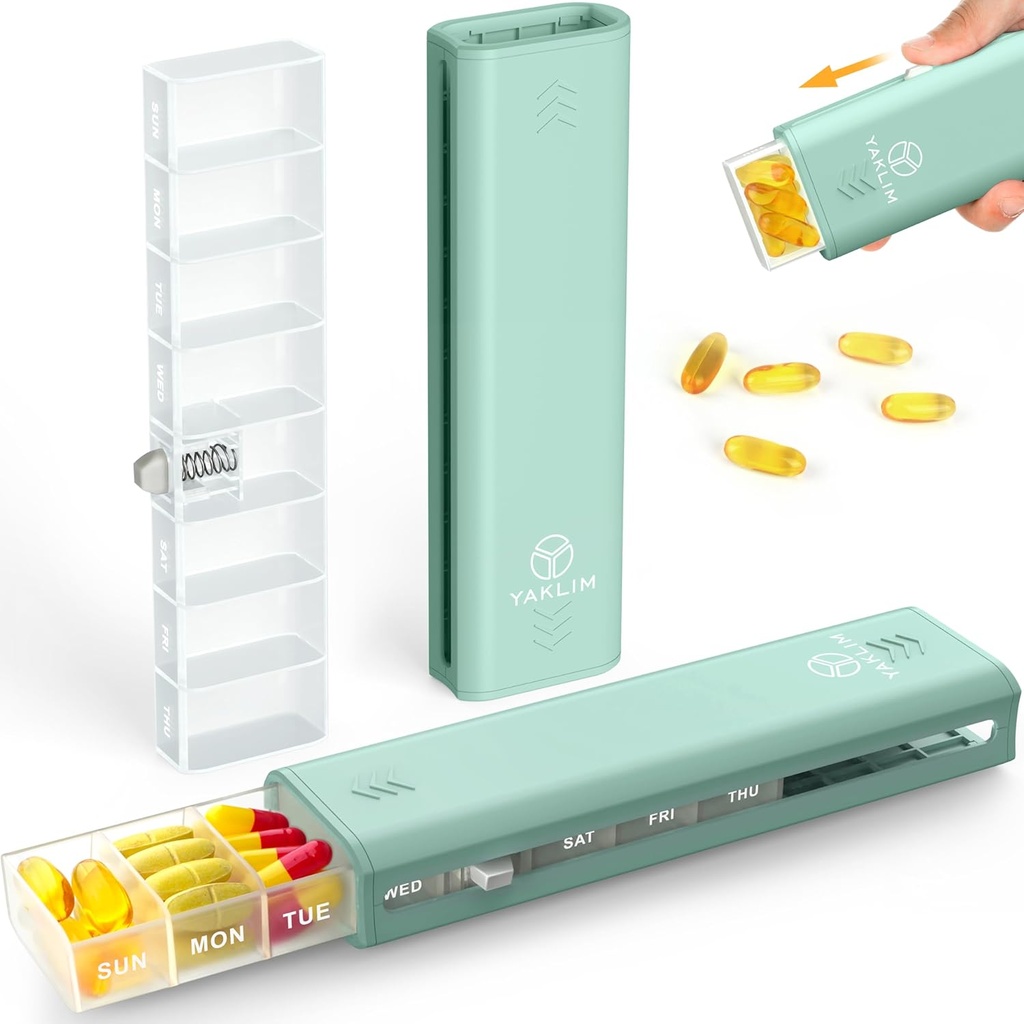 Organizador semanal de píldoras Yaklim 1 vez al día, organizador de píldoras de 7 días Caja de carga diaria caja de medicamentos de viaje, contenedor de píldoras para la vitamina, 1 semana Organizador de píldoras para mantener la medicina, suplemento, aceite de pescado