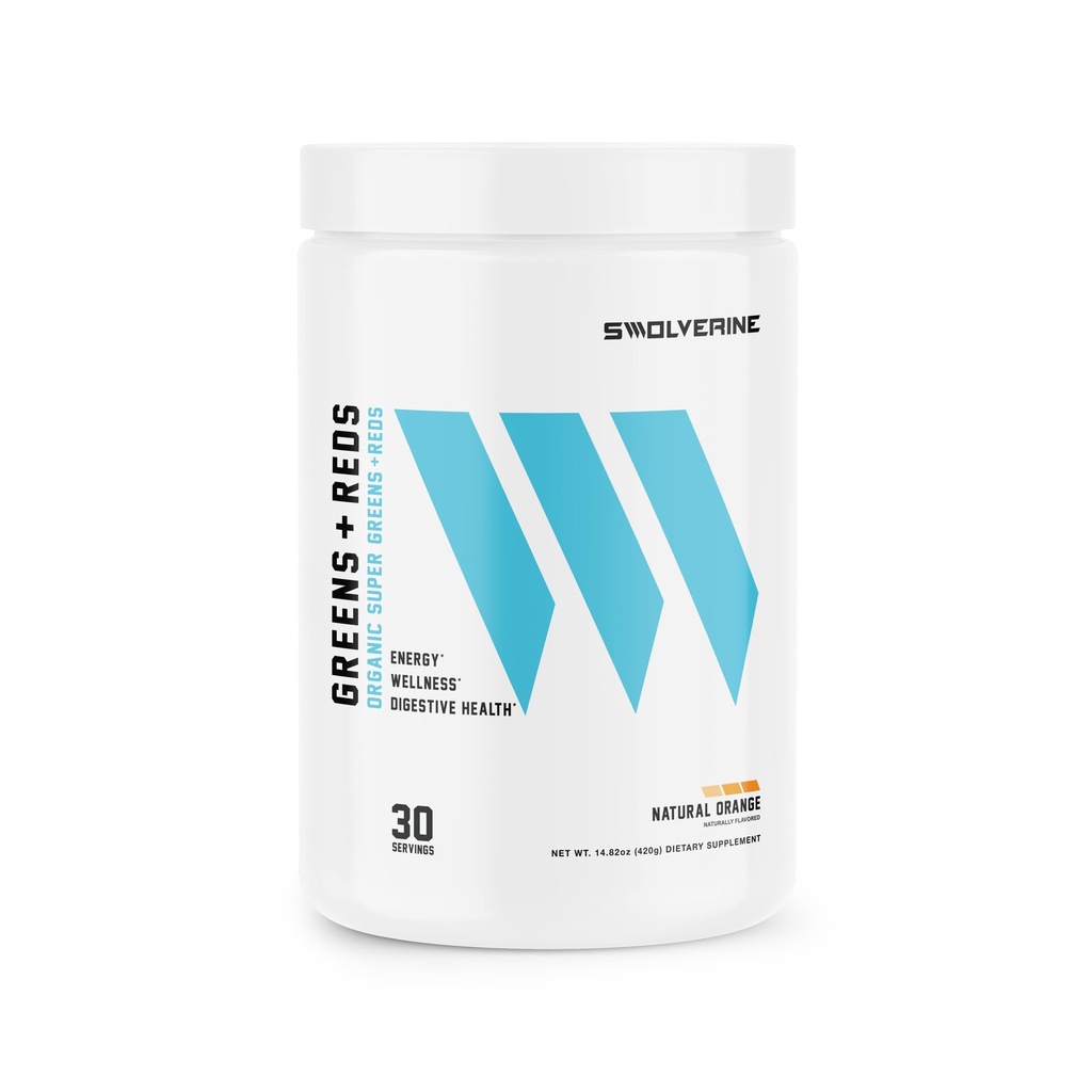 Swolverine Greens &amp; Reds ← Super Greens and Reds Powder with Spirulina, Chlorella, Wheat Grass, Pomegranate, Beet Root, Turmeric, Natural Orange Flavor (30 Servings)