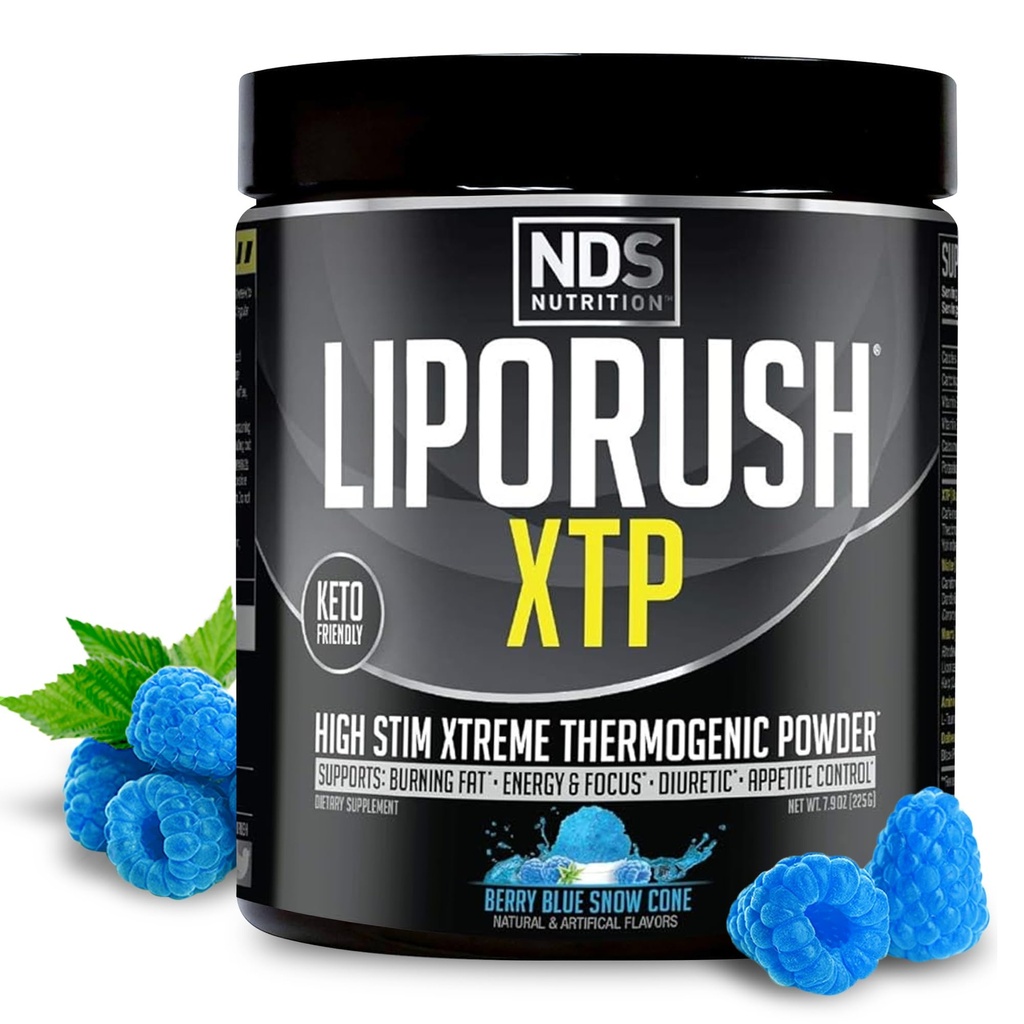 LIPORUSH NDS Nutrition XTP Thermogenic Fat Burner with L-Carnitine - Energy, Focus, and Appetite Control - Extreme Thermogenic Fat Burning Powder Weight Loss - Blue Berry Snow Cone (45 Servings)