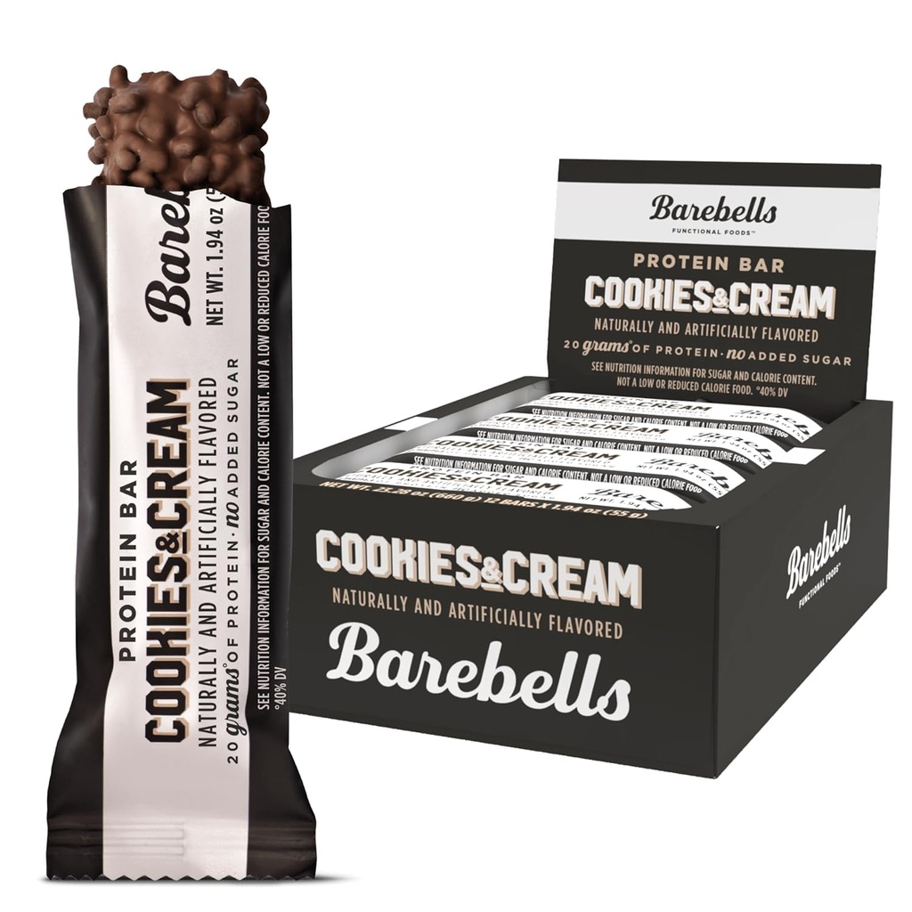 Barebells Protein Bares Cookies &amp; Crema - 12 Conde, 20g High Protein Treats - Chocolate Nutrition Bar con 1g Total Azúcares - On-The-Go Breakfast o Post-Workout Snack