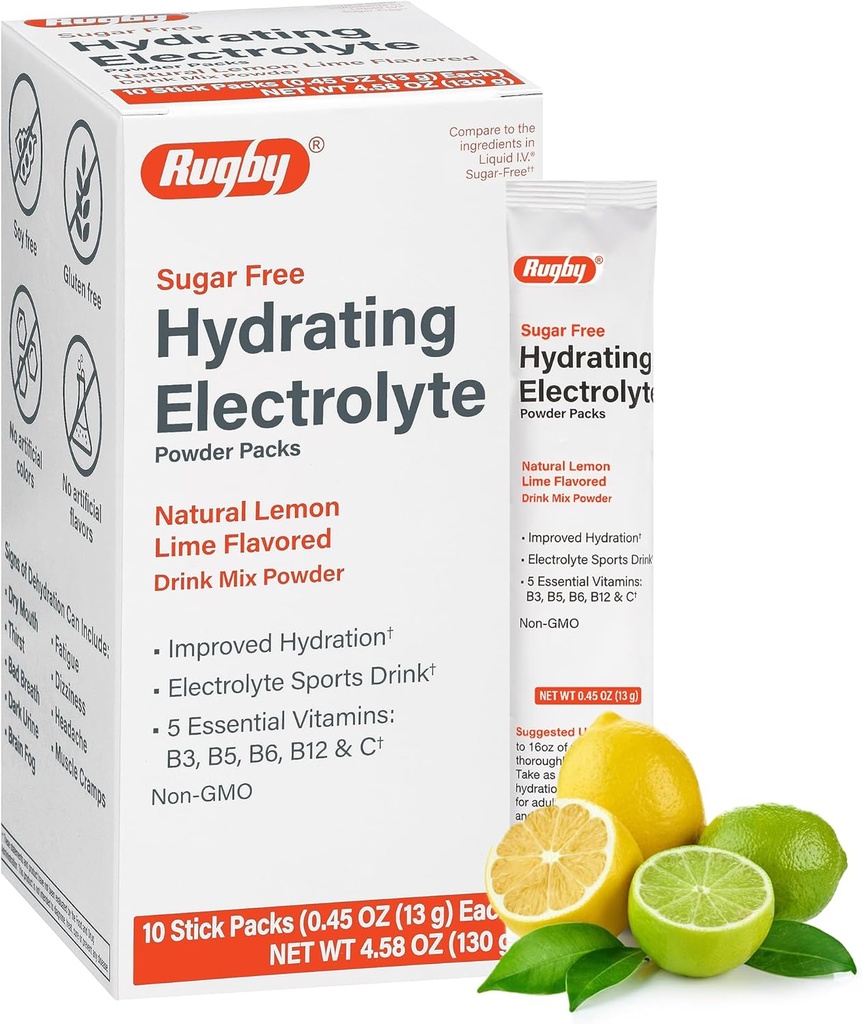 Rugby Empaquetadura de polvo sin azúcar - Packs de mezcla de bebidas con 5 vitaminas - Hidratación mejorada - Sabor de limón natural - 10 paquetes de palo - 0.45 Oz Cada uno (1 paquete)
