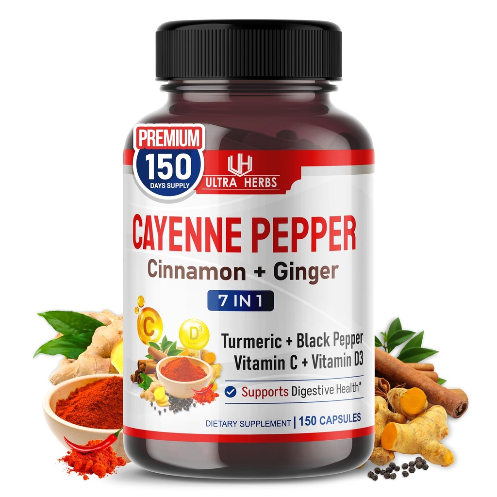 Cayenne Pepper 7 en 1 - - con Ginger, Turmeric, Cinnamon, Black Pepper - promueve la función del sistema digestivo (150 días de suministro (Pack of 1))