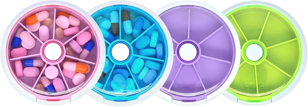 Pill Organizer Travel Pill Fund for Purse Portable Pill Box Round Weekiy Pill Container for Vitamin Fish Oil Pills Suplementos (4PCS)