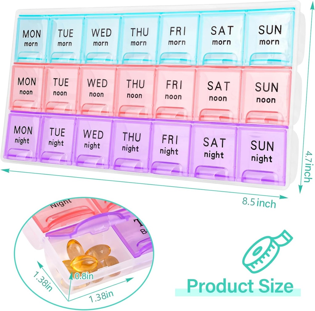 Gran organizador semanal de píldoras 3 veces al día, Casos de píldoras de viaje ,Moisture-Proof 7 día píldora Contaner, portátil para píldoras Suplementos de aceite de vitamina pescado, organizador médico(2Pack)