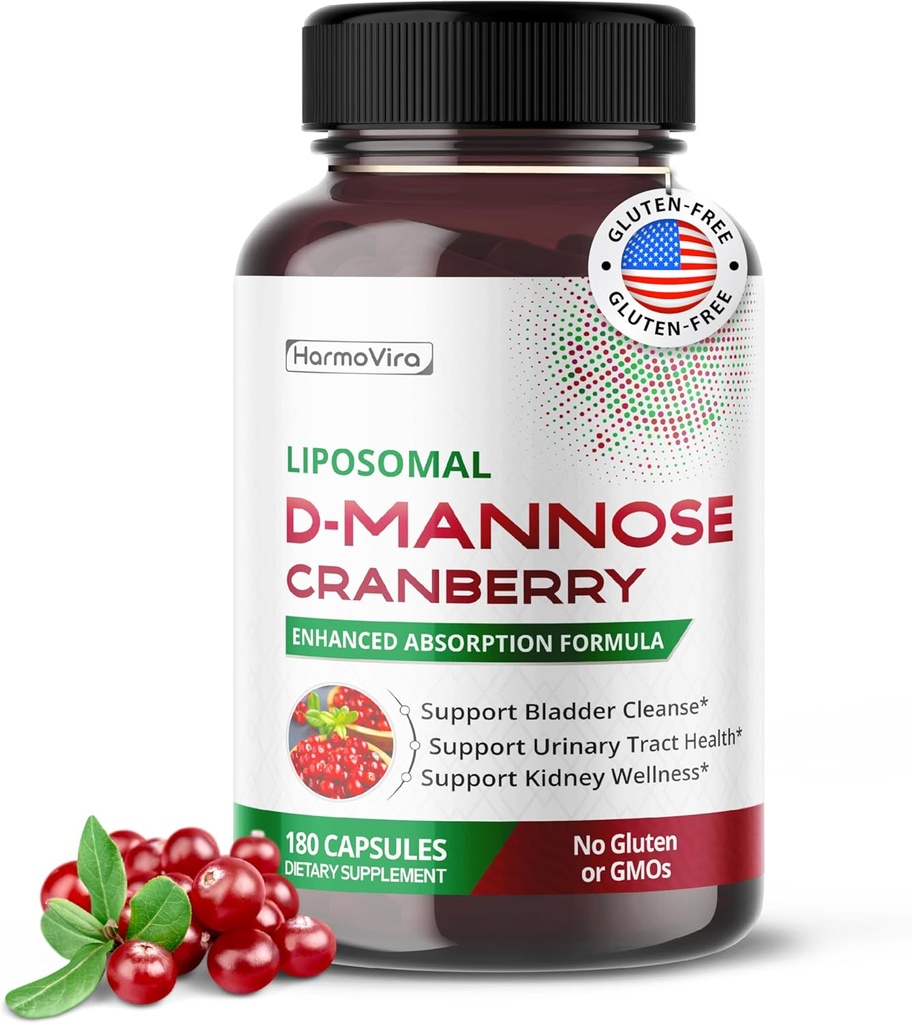 Liposomal D-Mannose Suplemento de arándano – 180 cápsulas sometidas Uva Ursi, Hibiscus, Black Pepper ANTE Enhanced Absorption Fórmula ← Non-GMO, Gluten-Free