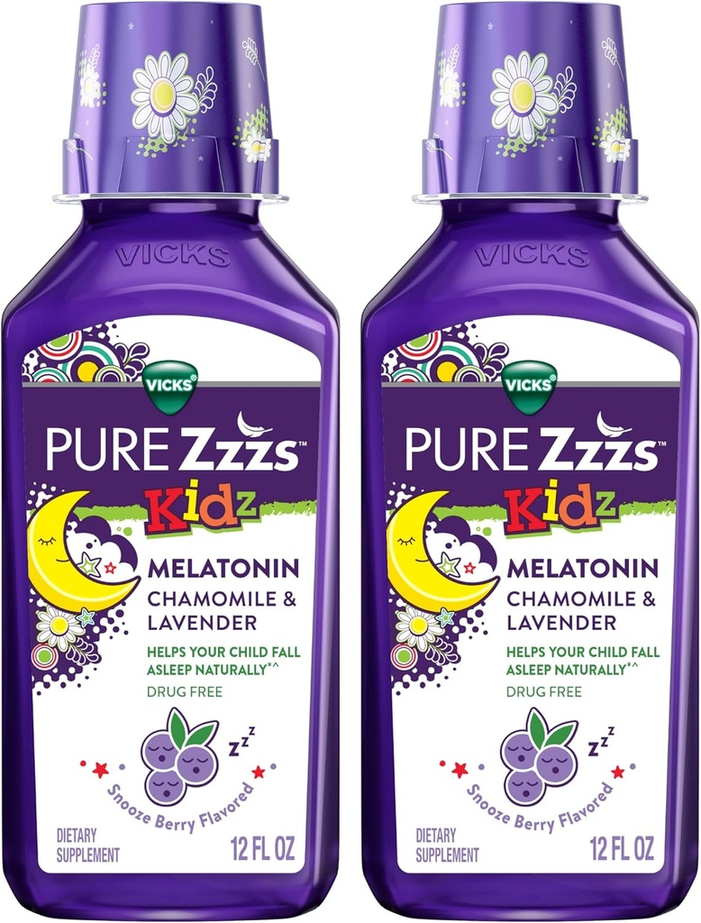 Vicks Pure Zzzs Kidz Melatonin, Kids Melatonin Liquid, Sleep Aid, Drug-Free, Liquid Melatonin 1mg, with Chamomile & Lavender, Melatonin Sleep Aids for Kids, Snooze Berry Flavored, 2 Pack, 24 FL OZ