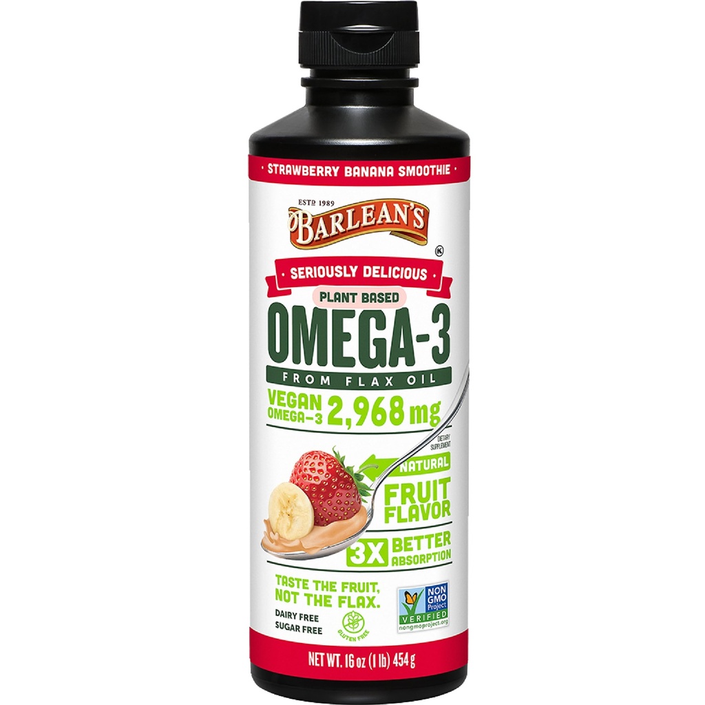 Barlean's Vegan Omega 3 6 9 Flaxseed Oil Liquid Supplement, Strawberry Banana Smoothie, Flax Seeds Oil with 2,968 mg ALA Fatty Acid, Non-GMO and Gluten Free, 16 oz