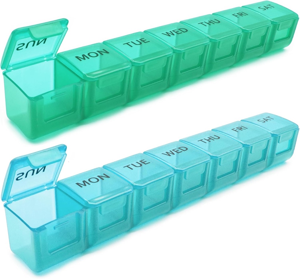 2 Pack organizador semanal de píldoras, gran caso de 7 días, caja de medicina de caso de vitaminas diarias, contenedores de píldoras AM/PM para suplementos de medicina Aceite de pescado (Blue & Green)