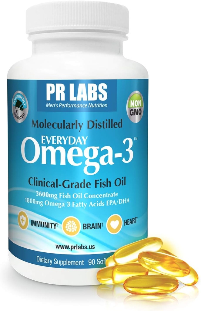 PR Labs - Todos los días Omega-3 Suplemento de aceite de pescado de grado clínico para los hombres - promueve el corazón, el cerebro, el inmune y el apoyo conjunto - Fuente sostenible y Destilado molecular - 1800 mg EPA y DHA - 1 Pack