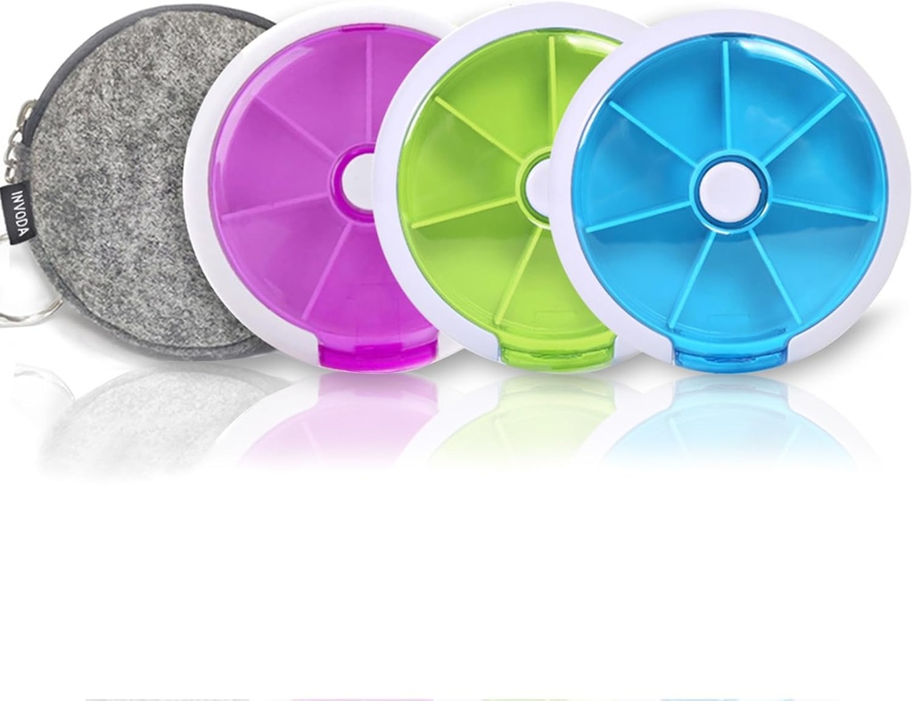 Pill Cases Organizador semanal de píldoras INVODA 7 días 3 veces Dispensador de píldoras Empujador de botón girar Planificador con 7 piezas (4PCS+Bag)