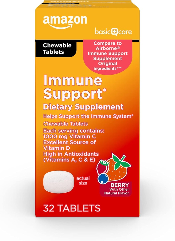 Cuidado básico - Suplemento de apoyo inmunitario, Tablas de cereza, excelente fuente del cuerpo-sol esencial Vitamina D, 32 Cuenta