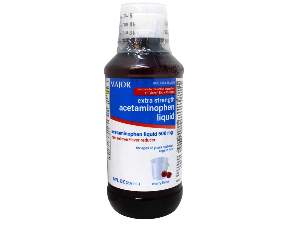 MAJOR Adult Extra Strength Liquid Acetaminophen - 500 mg Acetaminophen/15 mL Dose - Pain Reliever and Fever Reducer - Cherry Flavor - 8 Fl Oz (Packaging May Vary)