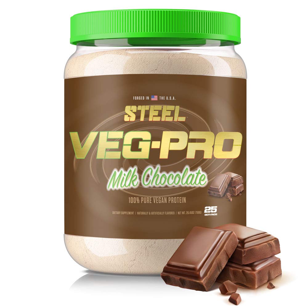 Suplementos de acero Veg-PRO ← Pólvora de proteínas veganas, Chocolate de leche TENIDO 25 Servimientos (1.65lbs) ANTE Pólvora de proteínas con BCAA Aminoácidos TENIDO GRATUITO TENIENTO No lácteos