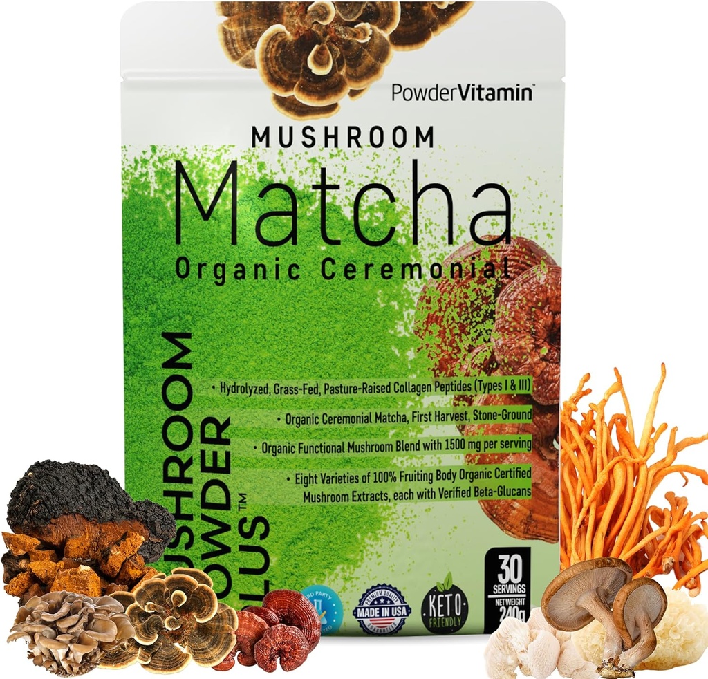 PowderVitamin Organic Ceremonial Mushroom Matcha Certified Pesticide-Free Grass-Fed Collagen Types I & III 8 Fruiting Body Mushrooms Tested for Beta-Glucans Focus Digestion & Immunity 30 Servings