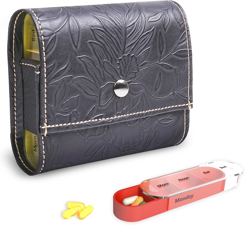 Pill Organizer,LIZIMANDU Caja semanal de la caja del mango Recordatorio del medicamento Daily AM PM, Day Night 7 Compartments, for 4 Times A Day, 7 Days a Week-Includes Leather PU Carrying Case(1-Carved Black)