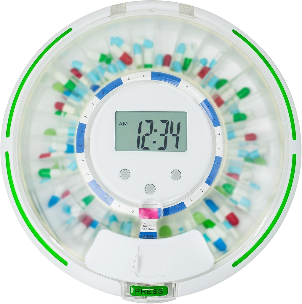 Dispensador automático de píldoras con cierre de luz, sonido, alarma y seguridad, organizador de medicamentos electrónicos de 28 días – Dispensar vitaminas y tablas hasta 6 veces/día – Fácil visualización de lectura (Frosted)