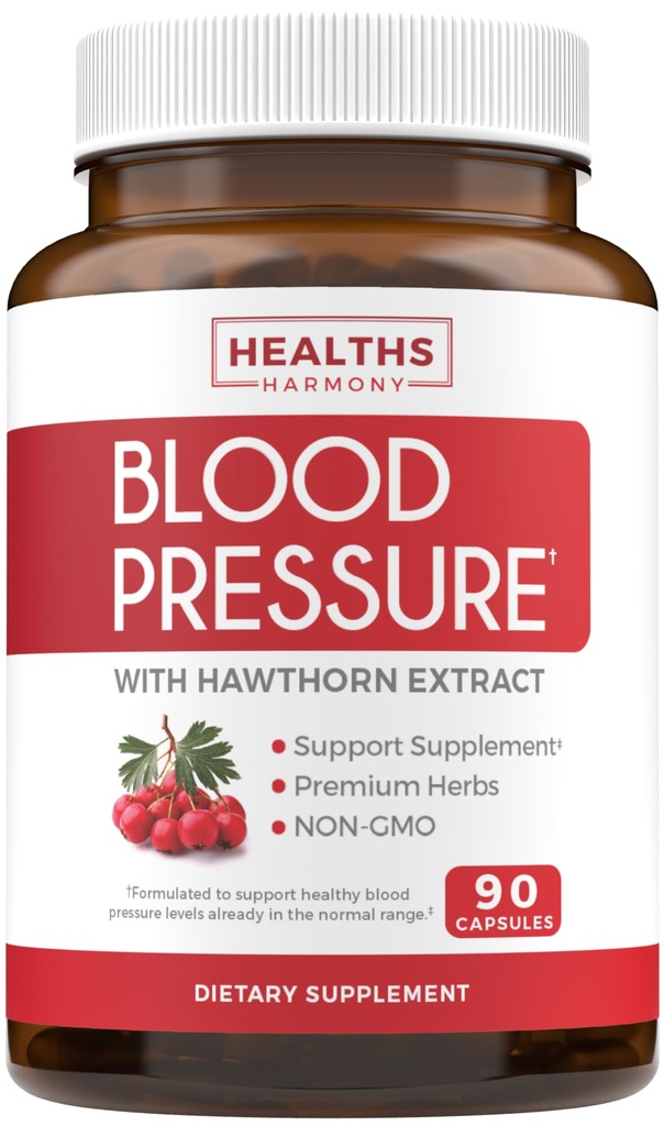 Suplemento de apoyo a la presión sanguínea (NON-GMO) hierbas naturales Premium, vitaminas y bayas - dosis altas del extracto de baya de Hawthorn – apoya los niveles de presión sanguínea ya en el rango normal – 90 cápsulas