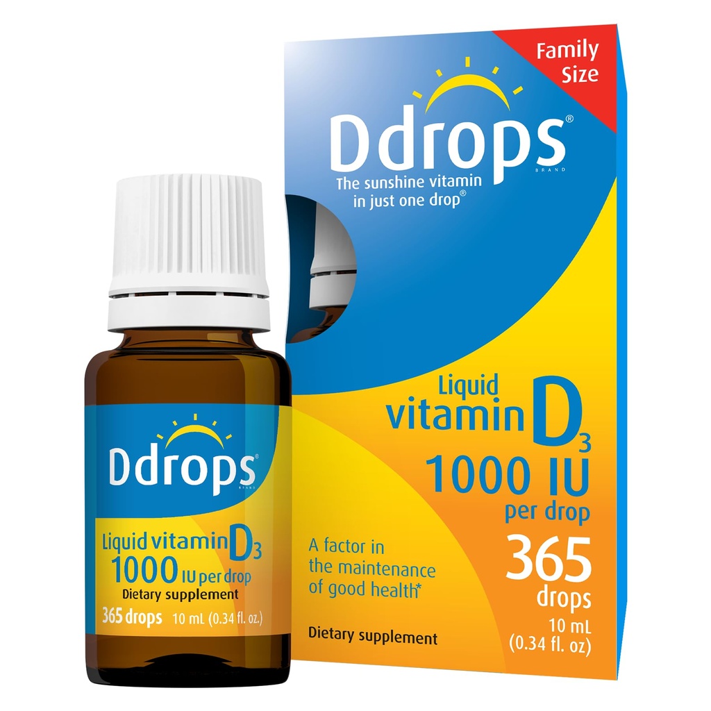 Ddrops Adultos 1000IU 365 gotas - Vitamina Líquida D3 Suplemento, Apoyo al Sistema de Huesos Fuertes