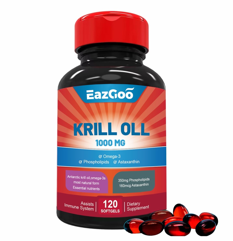 Aceite de Krill Antártico 1000mg, Omega 3 Suplemento,EPA, DHA, Phospholipids y Astaxanthin- 120 Softgels