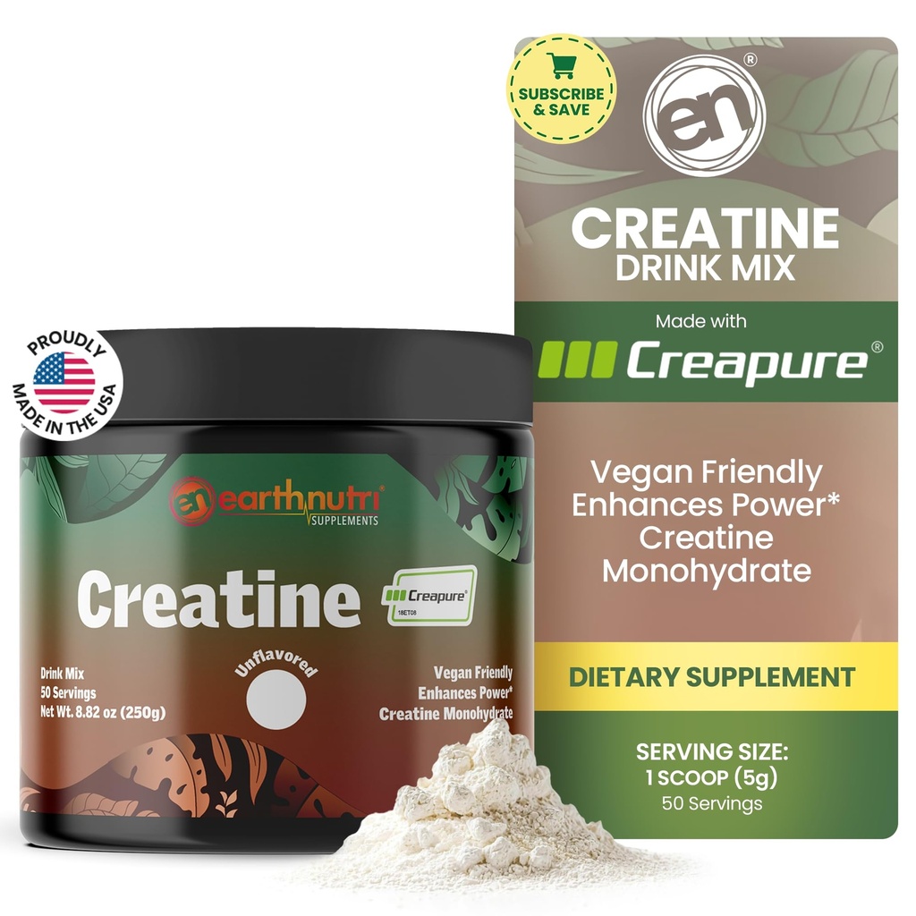 EarthNutri Creatine Monohydrate Powder - Pura Creatina Suplemento para la fuerza muscular, fuerza y rendimiento – No GMO, libre de azúcar, libre de aditivos – para hombres &amp; mujeres, 250g de sabor