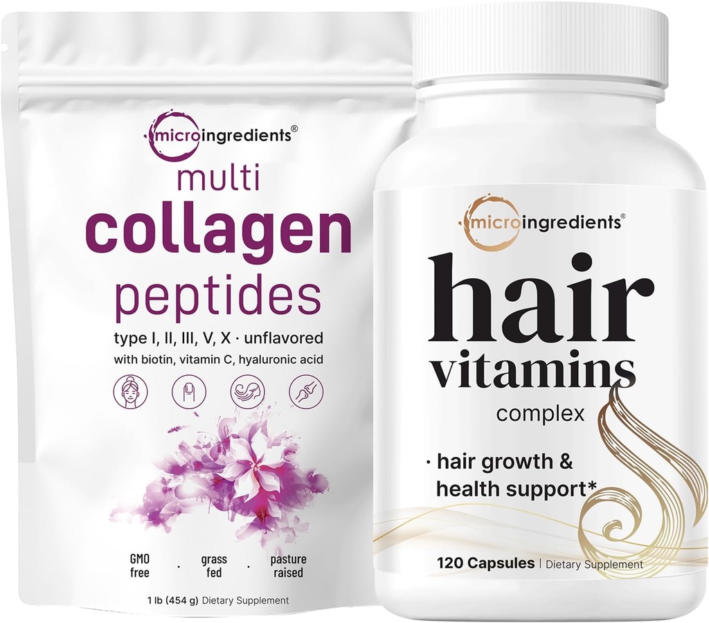 Micro Ingredientes Multi Collagen Protein Powder 16oz &amp; Hair Vitamins Complex Capsules Bundle 2 Pack ← Peptides Collagen de gran tamaño  14-in-1 Advanced Hair Growth Support