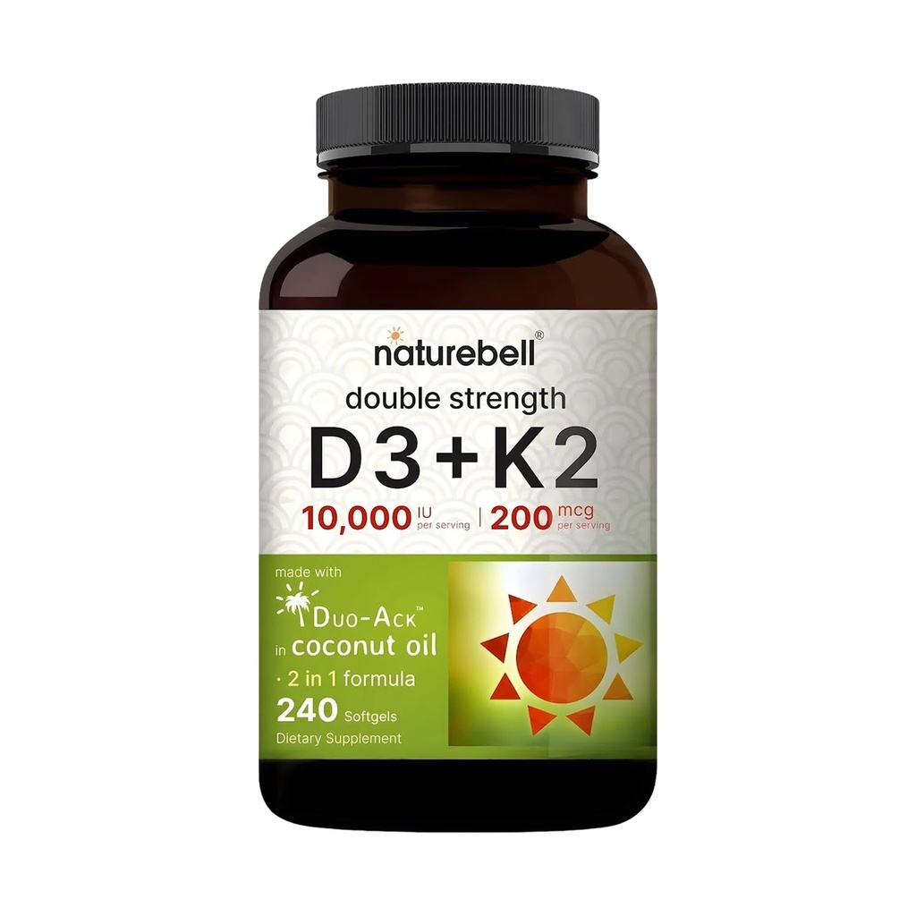NatureBell Vitamin Double Strength D3 + K2-240 Softgels - 10.000 UI Vitamina D & 200mcg K2 - Bone Strength, Immune Función & Calcium Absorption Support* - Coconut Oil Infused