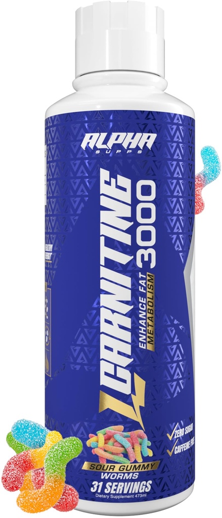 Supps alfa L Carnitine Liquid 3000 Silenciosos Libres de Estimulantes L-Carnitina Suplemento para Hombres " Las mujeres que sufren Pre-Workout Energy Boost " Muscle Recovery TEN Zero Sugar, Fat, " Carbs ANTE 31 Servings (Sour Gummy Worms)