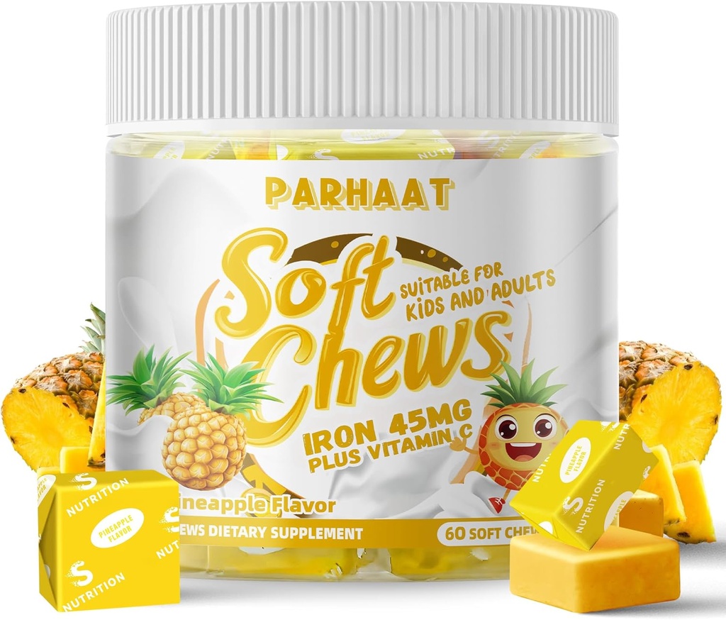 Iron Soft Chew Suplemento con Vitamina C Silencioso Pineapple Flavored TEN Gluten Libre Silencioso Suplemento de Hierro para Mujeres Hombres y Niños