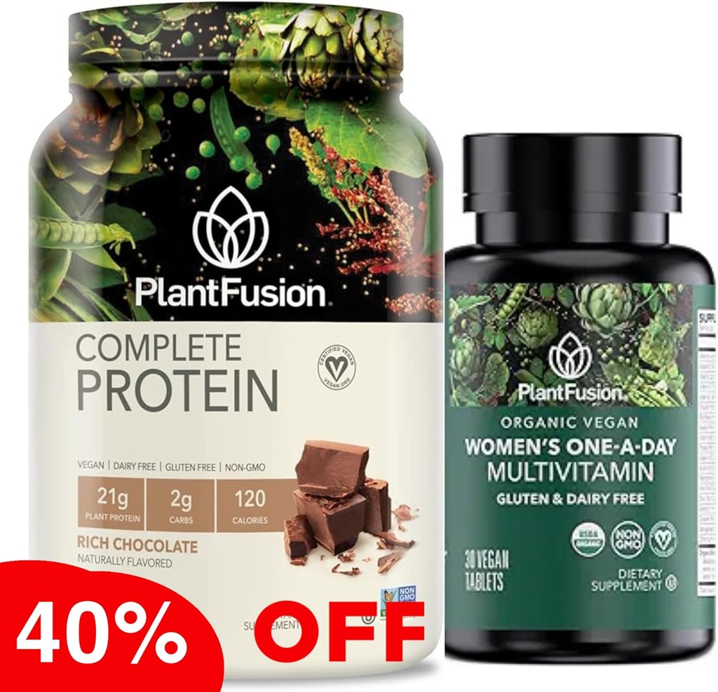 PlantFusion Protein Powder & Organic Women’s Multivitamin Bundle – 21g Plant-Based Protein with BCAAs, Clean Ingredients, & Delicious Flavor Plus 19 Essential Vitamins for Energy, Immunity & Heart Hea