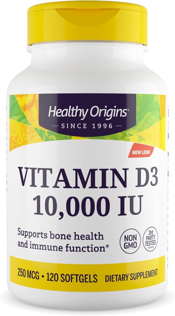 Orígenes saludables Vitamina D3 10,000 UI (No-GMO, alta potencia, soporte de bonificación, soporte para inmunes, libre de gluten), 120 Softgels